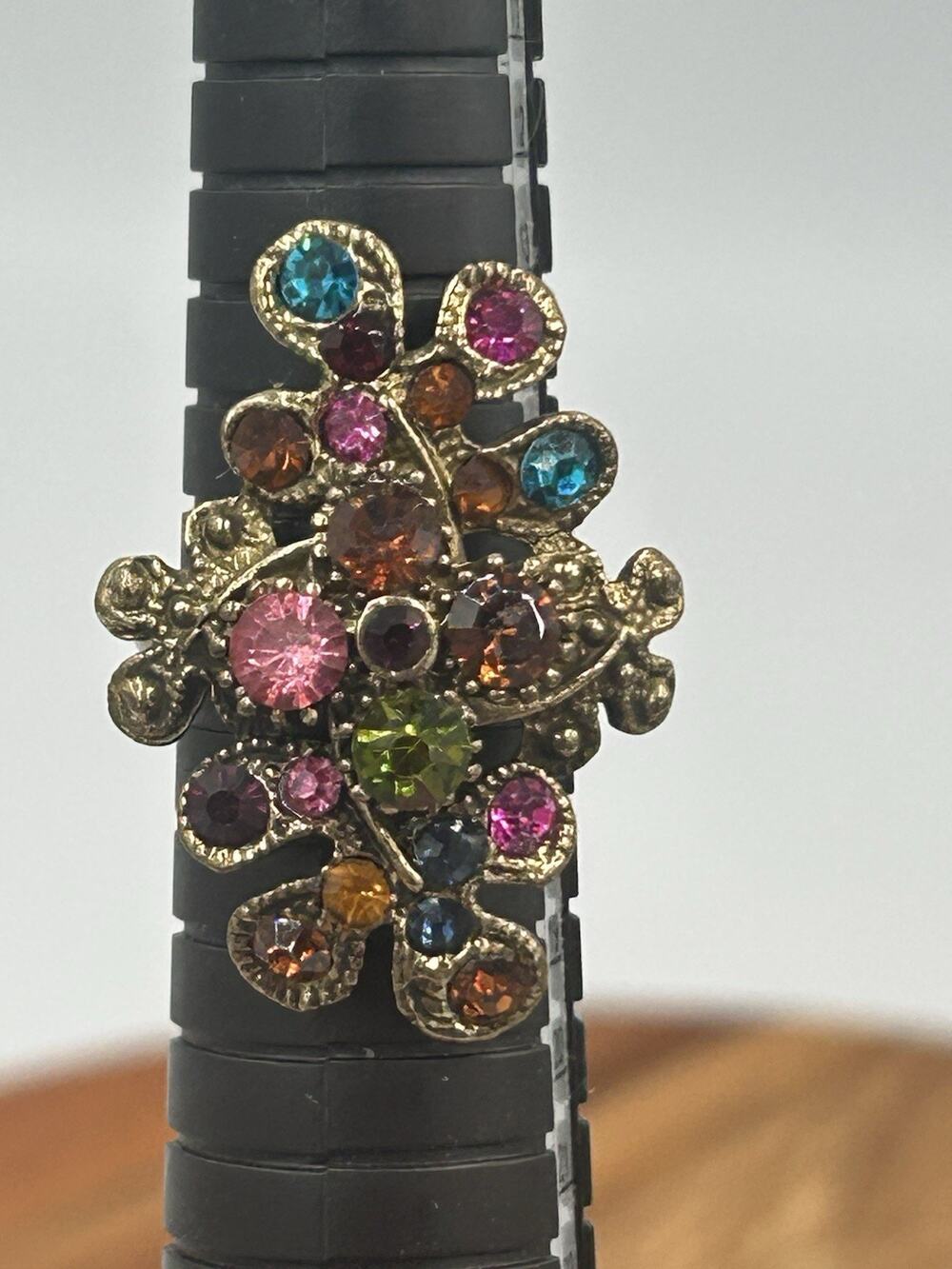 Vtg Gold Tone Multicolor Rhinestone Cluster Ring Sz 7.5 Floral Cocktail Rainbow
